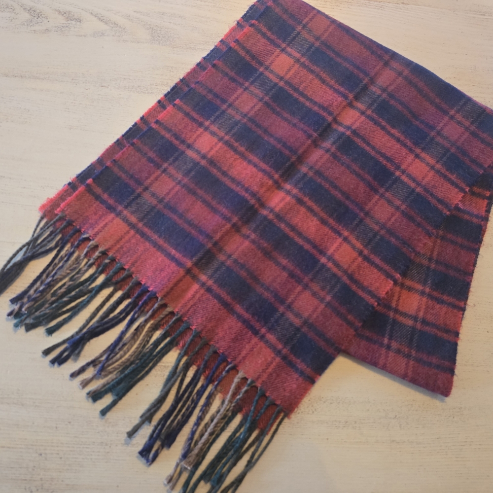 Vintage Clubfellow Scarf, Red/Blue Plaid 53"×10", Fringe, Classic